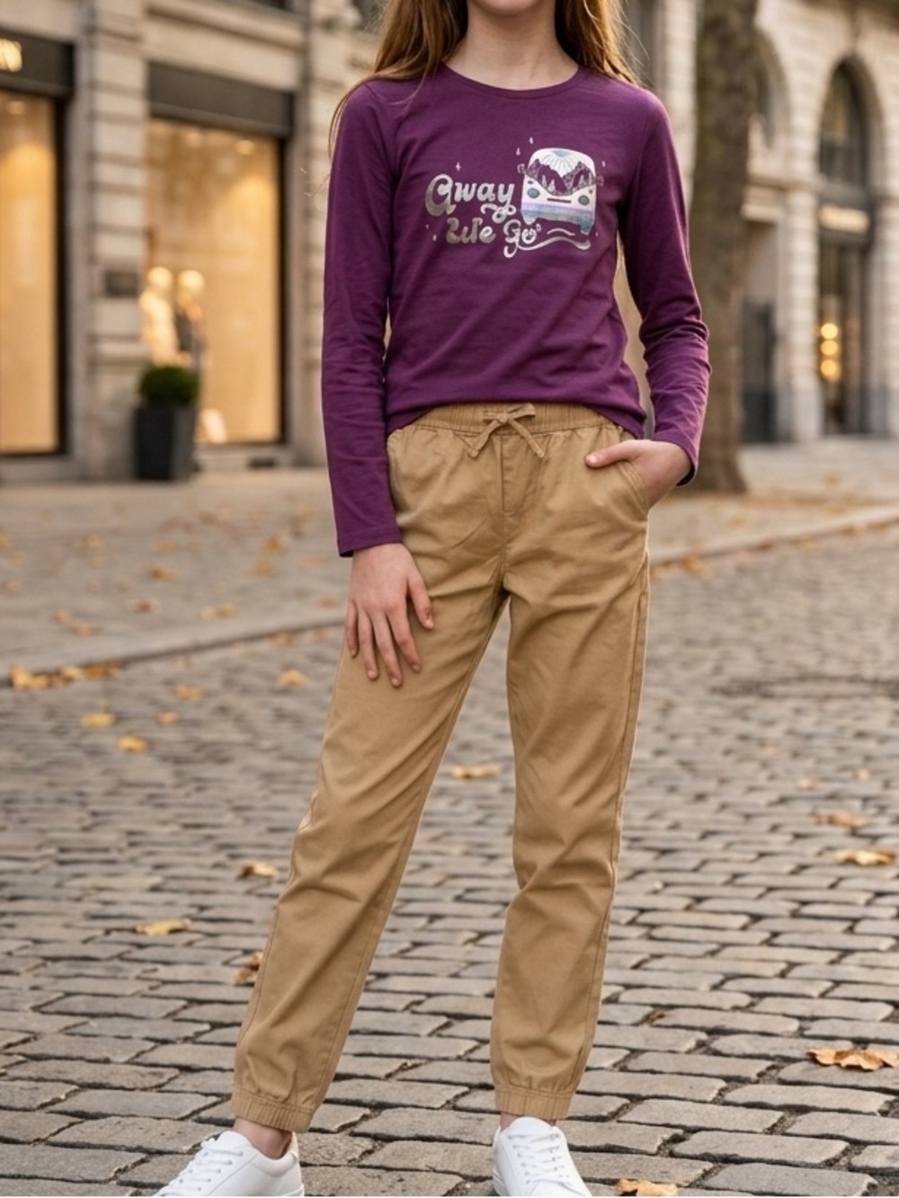 Kids Matching Set - Purple “Away we go” camper Graphic Top & Tan Jogger Pants